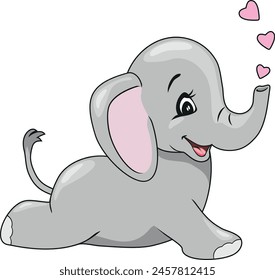 Lying happy baby elephant with hearts. Vector
