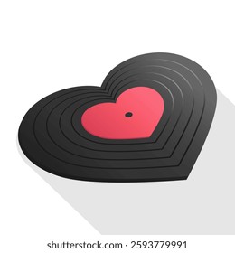 Lying heart shaped vinyl record isolated on white background. Heart vinyl disc. Vector illustration