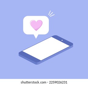 Mentir smartphone isométrico con una burbuja de fondo morado. Ilustración del vector