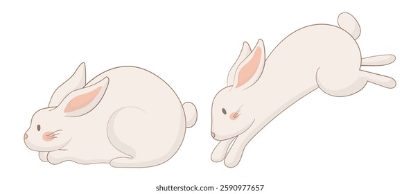 Lying and jumping bunny icon. One rabbit is resting, while the other is mid-leap, representing contrast between energy and relaxation. A charming and simple animal illustration