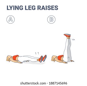 Lying Leg Raises Girl Home Workout Exercise Guidance. Young Athletic Female Raising Both Legth Lying on the Floor Concept.