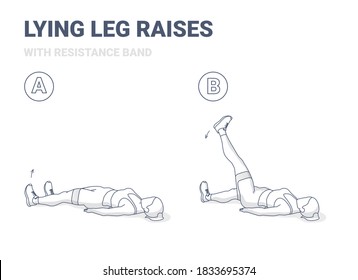 Lying Leg Raises or Lifting with Resistance Band Home Workout Exercise Guide Illustration. Concept of Girl Weight Loss Workout Guidance.