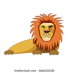 Lying lion in cartoon style on an isolated white background