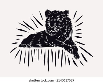Lying lion drawn in the style of handmade graphic. Design for emblem and label. Black print on white background