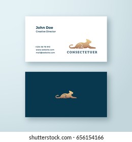 Lying Lioness Abstract Minimal Vector Sign, Symbol or Logo and Business Card Template. Premium Stationary Realistic Illustration. Modern Typography and Soft Shadows. Isolated.
