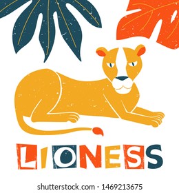 Lying lioness original design. Can be used for poster, greeting card, baby products, birthday party, invitation vector Illustration. Vector illustration