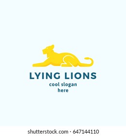 Lying Lions Abstract Vector Sign, Emblem or Logo Template. Flat Style Graceful Lioness Silhouette with Typography. Isolated.