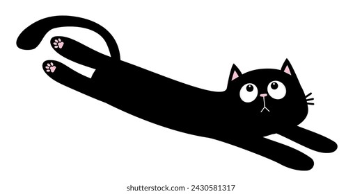 Lying long body cat. Cartoon baby pet character. Cute kawaii chilling black kitten head face, paw print. Happy Halloween. Greeting card, banner, sticker print. Flat design. White background. Vector