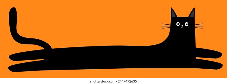 Lying long body cat. Happy Halloween. Cute kawaii chilling black kitten head face, paw print. Cartoon baby pet character. Greeting card, banner, sticker print. Flat design. Orange background. Vector