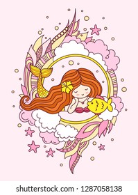 Lying mermaid with golden fish, surrounded by pink and yellow seaweed, clouds and starfish. Print, postcard, vector illustration. Doodle style.