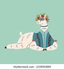 Lying Mexican Floral Fluffy Llama Character On Blue Background. Alpaca Animal Hand Drawn Doodle Naive Design Vector Art Clipart Illustration