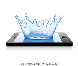Um telefone celular moderno em perspectiva com um toque de água na tela destacado sobre um fundo branco. Ilustração vetorial em estilo 3d
