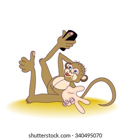 Lying Monkey taking selfie photo on smart phone and make a hand gesture Peace and leg gesture Thumb up. Monkey taking self-portrait and play the ape, showing tongue at camera.
