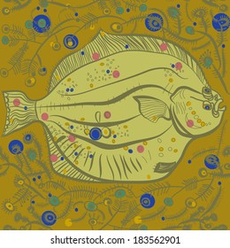 Lying in multicolored algae flounder. Pattern.