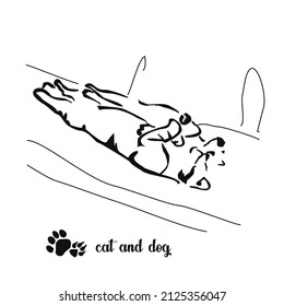 Mentir al lado de un gato y un perro en el sofá. Imagen animal de Gestalt