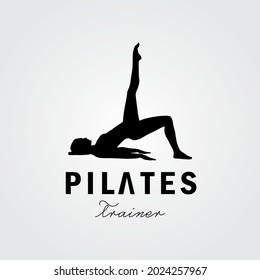 lying on back Pose Pilates Woman Silhouette, Girl with Beauty Body Hair and Face at gym logo design	