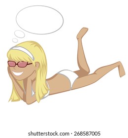 Lying on the beach - A cute blondie in sunglasses is relaxing on the beach (with speech bubbles).