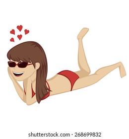 Lying on the beach - A cute brunette is relaxing on the beach (sunbathing in sunglasses).