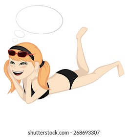 Lying on the beach - A cute ginger girl is sunbathing on the beach (with speech bubbles).
