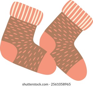 Lying on a clean white background, two cozy striped socks create a warm and inviting scene, ideal for capturing the essence of winter or autumn themes and comfort