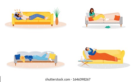 Lying on couch flat color vector faceless characters set. Sick people resting on sofa. Unwell man. Ill woman. Weakness from flu. Disease symptoms isolated cartoon illustrations on white background