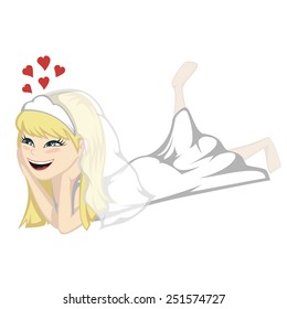 Lying on the floor - A blonde bride is daydreaming on the floor.