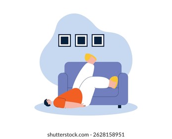 Deitado no chão e pernas apoiadas no sofá preguiçosamente, ilustração vetor preguiça.