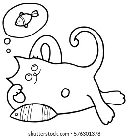 Lying on the pillow cat dreaming about fish for design, posters, interior, kids room, fabric, advertising, banners, scrapbooking, clothes, coloring book pages. Bubbles. Hand drawn illustration.