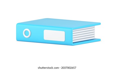 Lying on its side blue office folder 3d icon. Closed archives with business information. Holder of annual reports and recording projects. Empty case for data storage. Isolated realistic vector