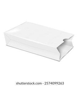 Lying open white food paper bag. Realistic 3d vector mockup. Blank flat bottom gusseted pouch package for groceries, bakery, candies, sweets, etc. Mockup. Template for design