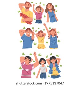Lying People Set, View from Above of Happy Families Lying on Isolated White Background and Looking Up Vector Illustration