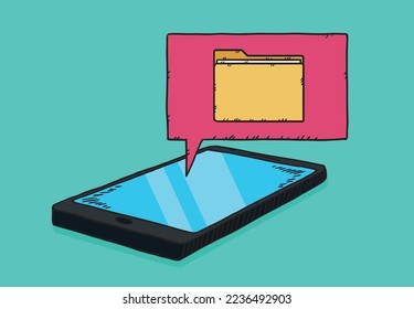 Lying phone on which appears a cartoon cloud with a folder of documents.
Hand-drawn vector graphics