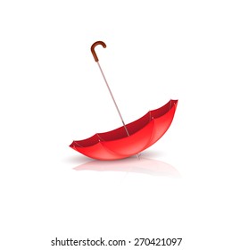 lying red umbrella on white background with reflect