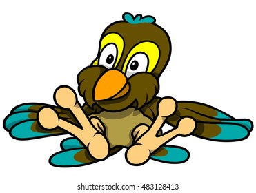 Lying And Relaxing Sparrow - Colored Cartoon Illustration, Vector