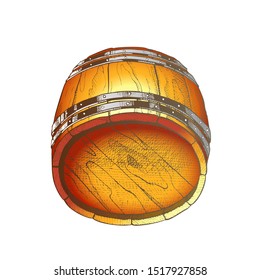 Lying Retro Drawn Wooden Beer Keg Barrel Vector. Rustic Vintage Barrel For Manufacture, Storaging And Delivery To Pub Alcoholic Drink Ale. Container For Lager Beverage Color Illustration