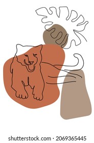 Tigre revoloteando con hojas de monstera. Arte abstracto de línea. El tigre se enfrenta al arte moderno. El gato salvaje vectorial. Huella de camisetas, afiche de minimalistas
