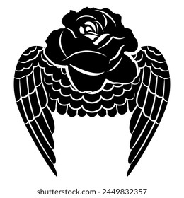 lying rose. Winged rosebud. Creative floral design. Black and white silhouette.