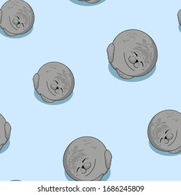 Lying seals cute pattern in flat style. Character for decoration design. Trendy print. Trendy vector wallpaper. Winter animal seamless pattern. Blue background. Cartoon, vector illustration.