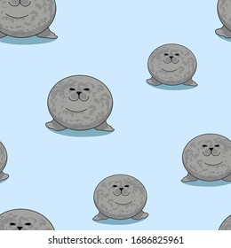 Lying seals cute pattern in flat style. Character for decoration design. Trendy print. Trendy vector wallpaper. Winter animal seamless pattern. Blue background. Cartoon, vector illustration.