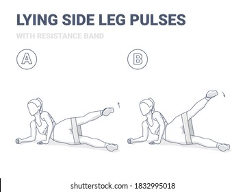 Lying Side Leg Raises or Pulses with Resistance Band Exercise Guide Illustration. Black and White Concept of Girl Weight Loss Home Workout Guidance.