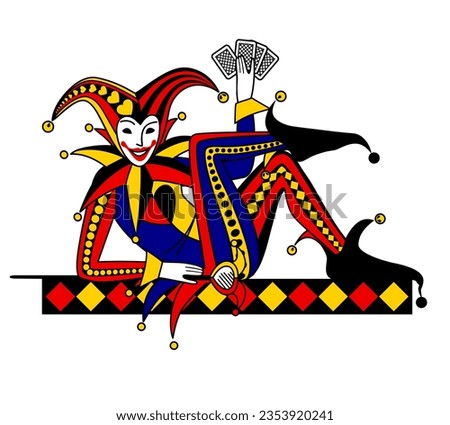 Lying and smiling Joker of playing cards in line and flat colorful style isolated on white. Vector illustration