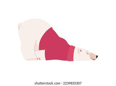 Lying smiling polar bear in crimson sweater side view flat style, vector illustration isolated on white background. Cute animal character for print or web