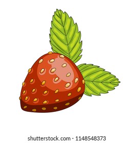lying strawberry berry with leaflets in cartoon style with a stroke and small seeds. Vector icon illustration