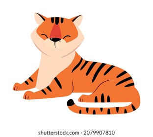 Lying Striped Tiger with Orange Fur Vector Illustration