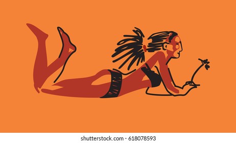 Lying tanned girl in a bathing suit with a flower. Vector illustration. Sketch style.