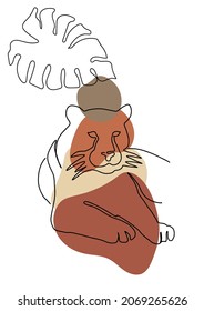 Arte de línea abstracta de tigres mentirosos. Arte moderno de tigres. Gato salvaje vectorial. Huella de camisetas, afiche de minimalistas