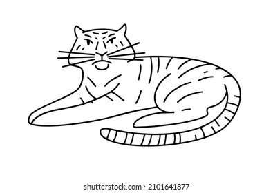 Lying tiger black and white vector illustration.