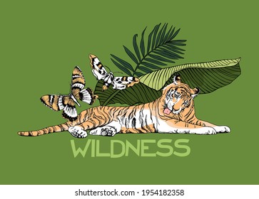 Lying tiger, butterflies and exotic palm leaves. Rest. Wildness. Card, t-shirt composition, hand drawn style print. Vector illustration.