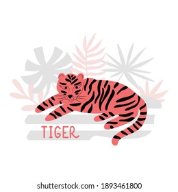 Lying tiger in flat style. A wild animal of the jungle. Cartoon vector illustration