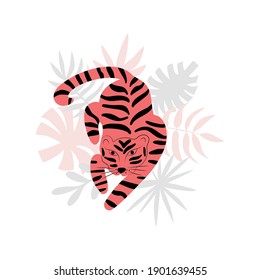 Lying tiger in flat style. A wild animal of the jungle. Cartoon vector illustration